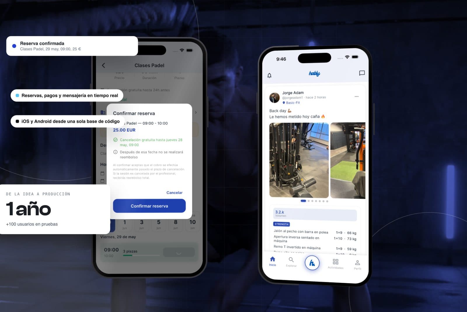 Hably: A fitness social network for iOS and Android, with payments and real-time messaging, taken from zero to a publishable version in a year.