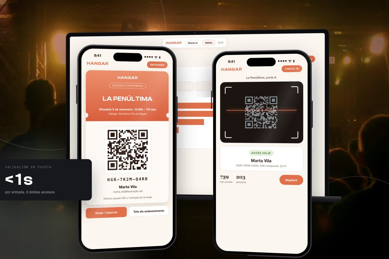 HANGAR: Una plataforma pròpia d'entrades i control d'accés per QR que valida cada entrada en menys d'un segon i prescindeix de les plataformes de tercers.